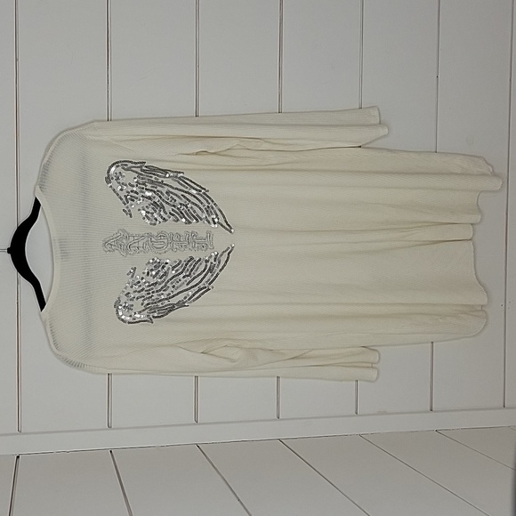 belle france Sweaters - BELLE FRANCE xl off white high low cardigan with angel embroidery and sequins
